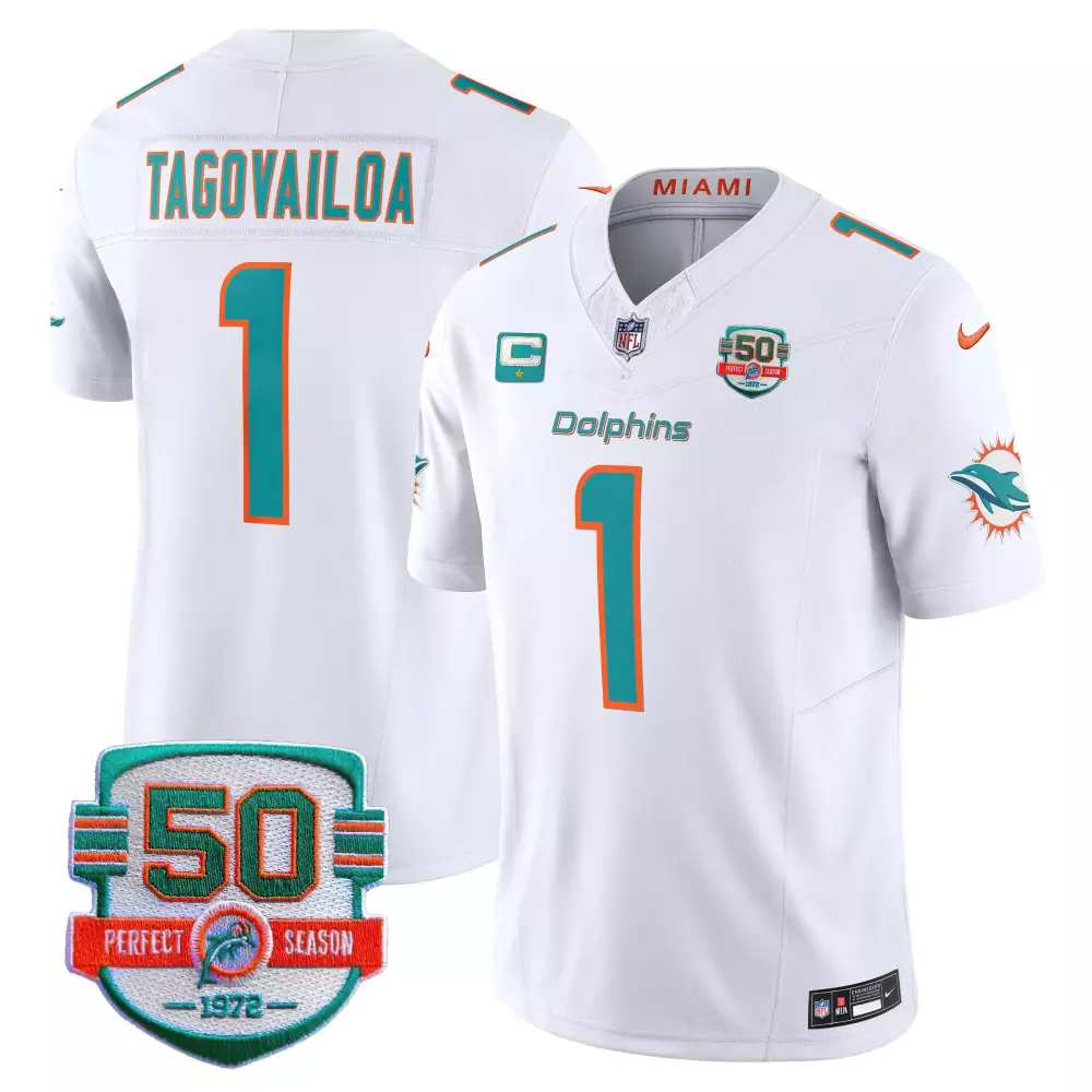 Tua Tagovailoa Miami Dolphins 50th Perfect Season Patch Jersey | White Men's Style | Stitched Fan Gear for Men, Women & Youth