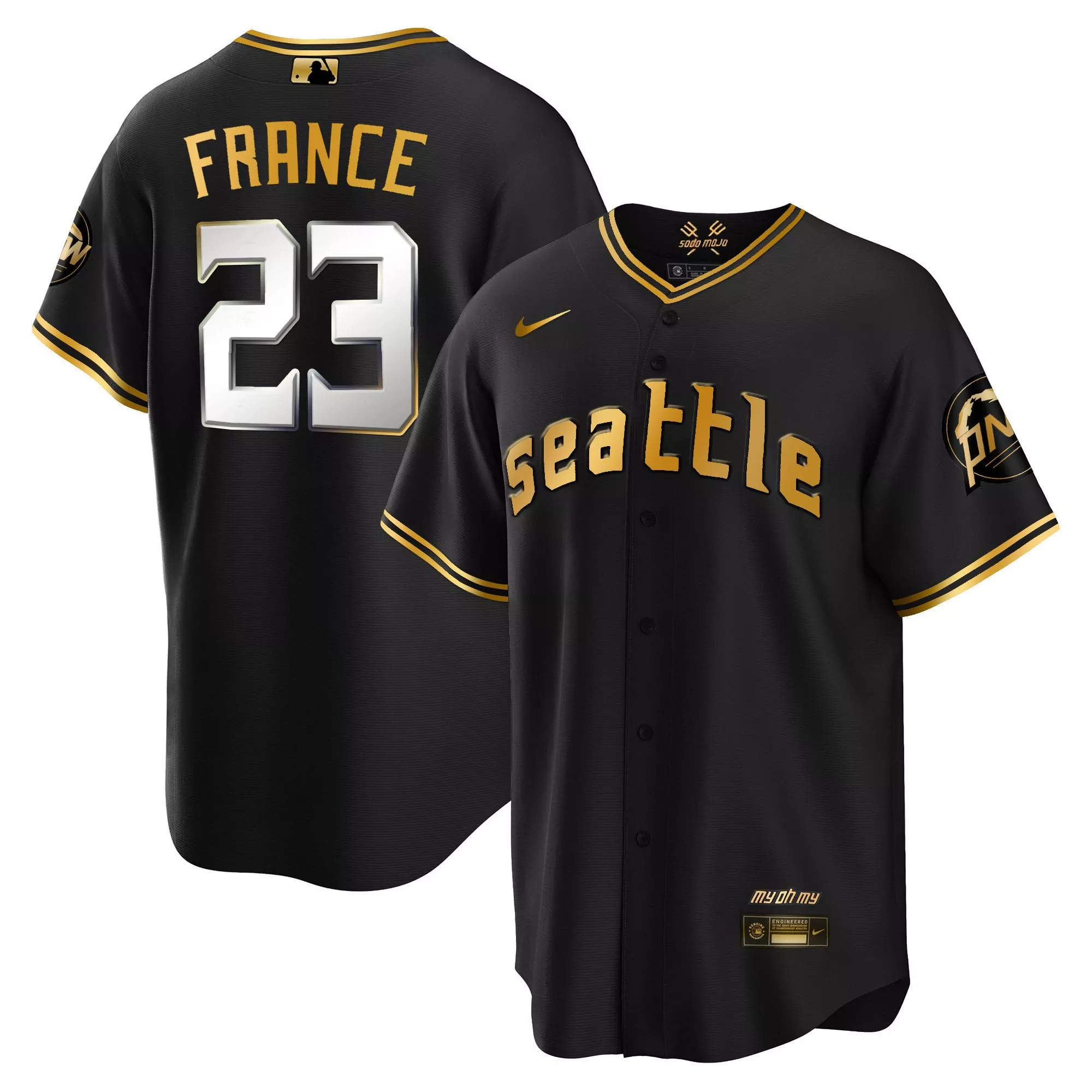 ty france cool black gold mens seattle mariners 2023 city connect gold jersey all stitched