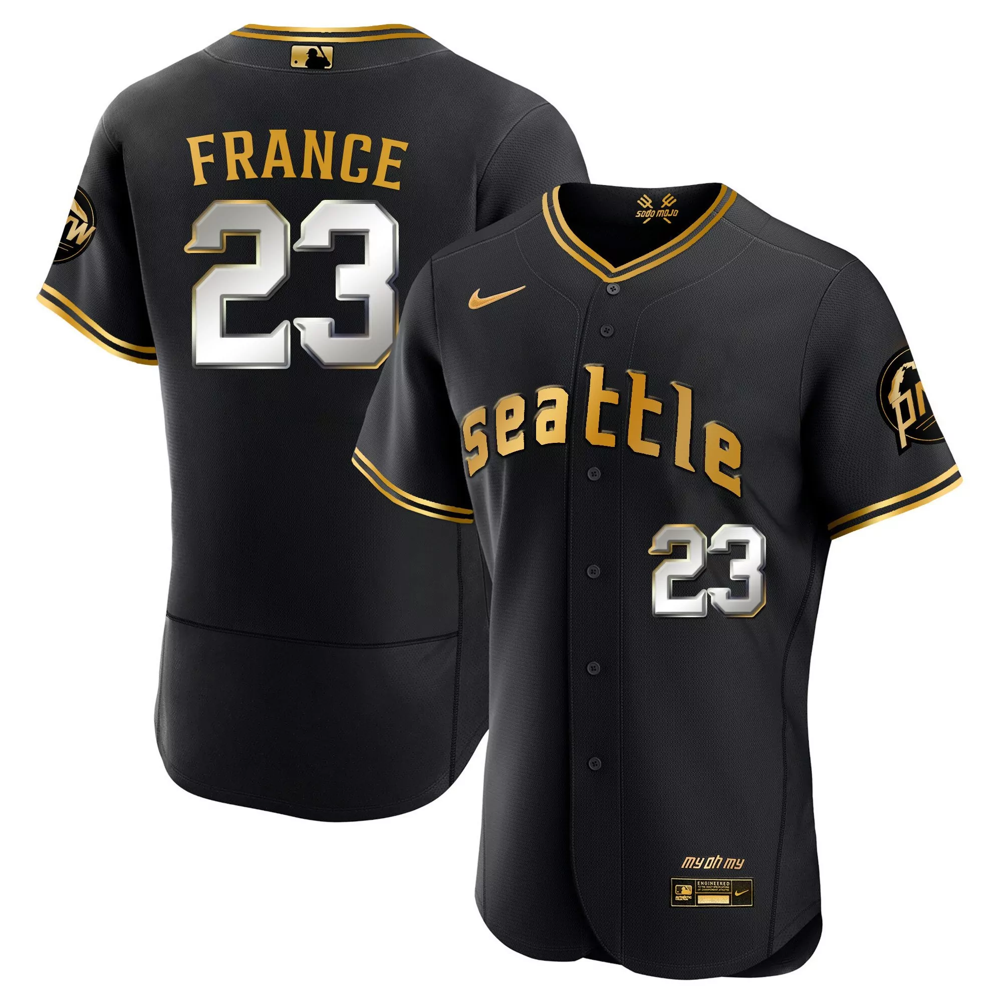 ty france flex black gold mens seattle mariners 2023 city connect gold fan made jersey all stitched