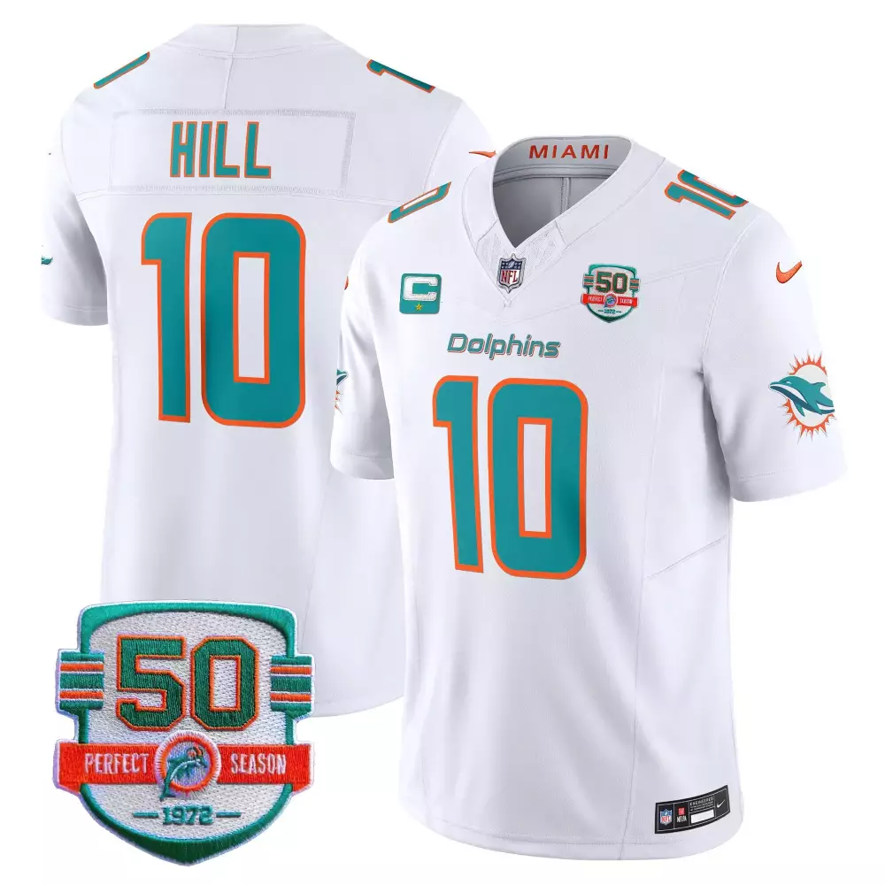 tyreek hill white mens miami dolphins 50th 1972 perfect season patch vapor jersey all stitched