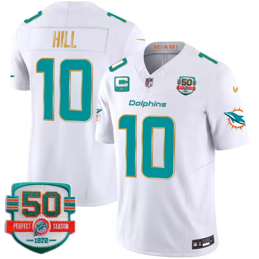 tyreek hill white mens miami dolphins 50th 1972 perfect season patch vapor jersey all stitched
