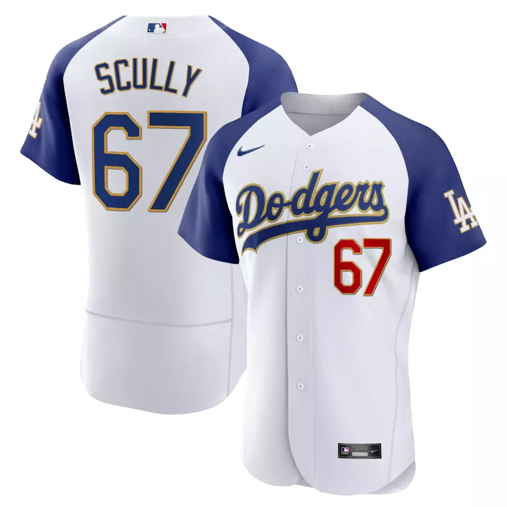 Vin Scully Dodgers White Gold Trim Flex Base Jersey | Stitched Limited Edition | For Men, Women & Youth