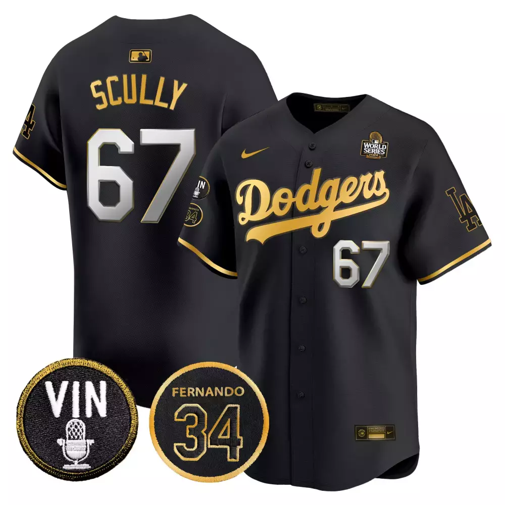 Vin Scully Dodgers 2024 World Series Gold Trim Vapor Premier Limited Jersey | Black Gold Men's Stitched | For Men | For Men, Women & Youth