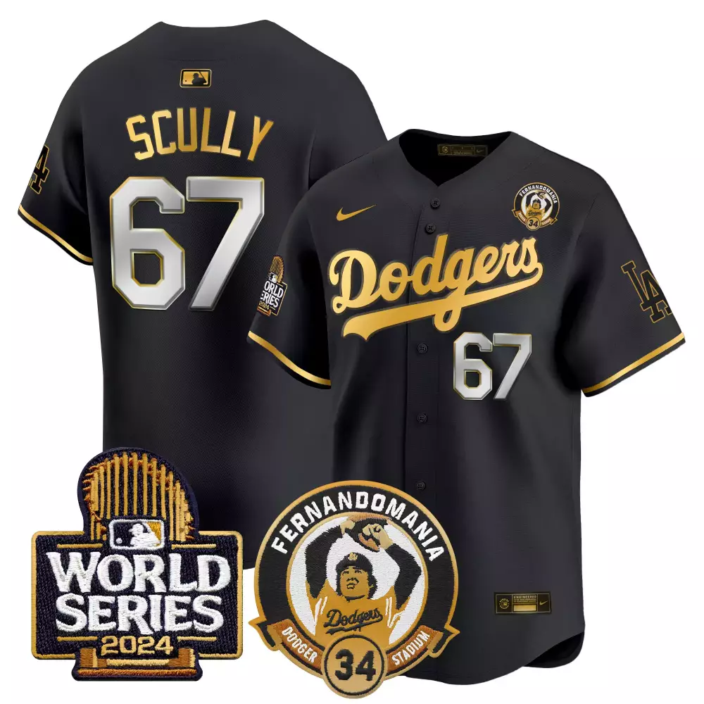 Vin Scully Dodgers Fernando Valenzuela 2024 World Series Patch Vapor Premier Limited Jersey | Black Gold Men's Stitched | For Men | For Men, Women & Youth