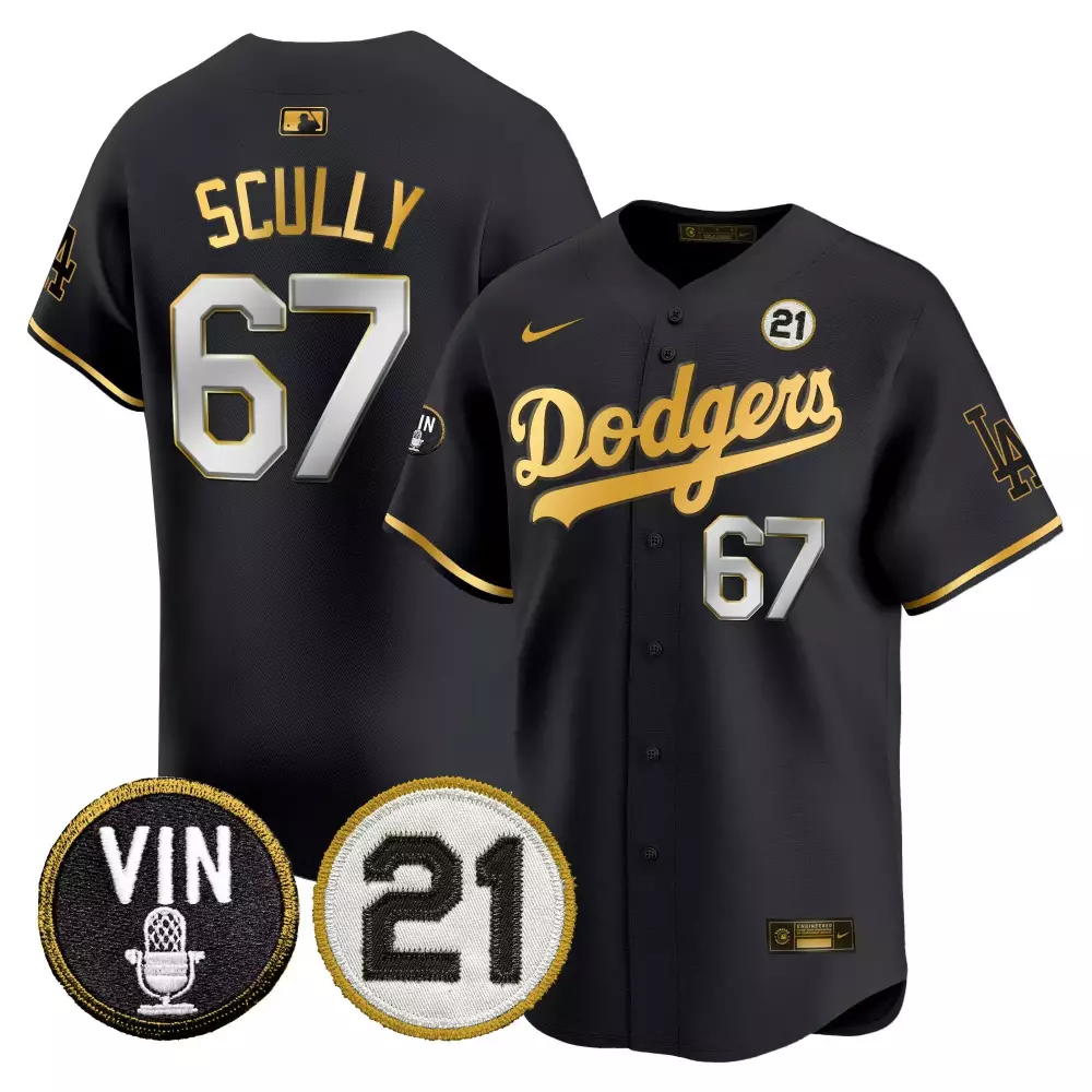 Vin Scully Black Gold Dodgers 2024 Vin Kobe Patch Women's Jersey | Gold Trim Vapor Premier Limited | For Women & Youth