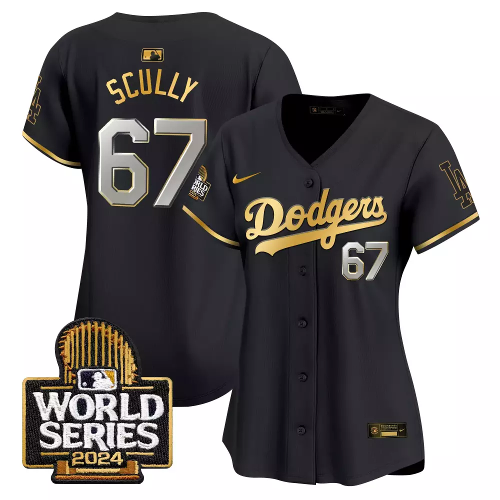 Vin Scully Black Gold Dodgers 2024 Vin Kobe Patch Women's Jersey | Gold Trim Vapor Premier Limited | For Women & Youth