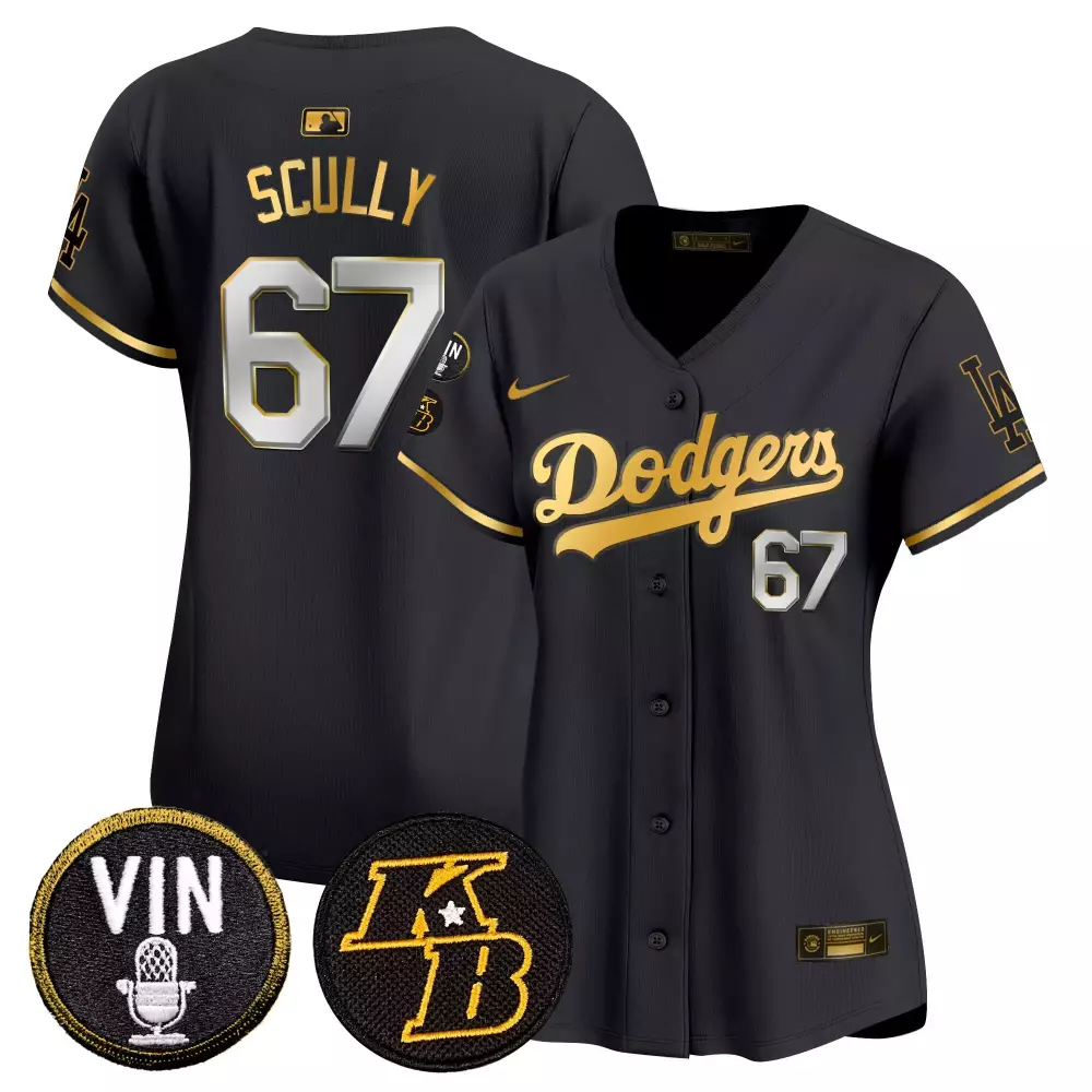 Vin Scully Black Gold Dodgers 2024 Vin Kobe Patch Women's Jersey | Gold Trim Vapor Premier Limited | For Women & Youth