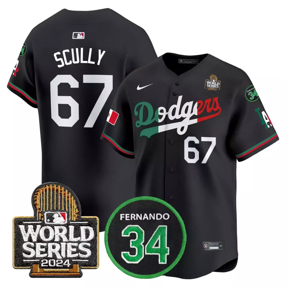 Vin Scully Dodgers Black Mexico Flag Jersey | Fernando Memorial 2024 World Series Patch | Vapor Premier Limited Edition | For Men, Women & Youth