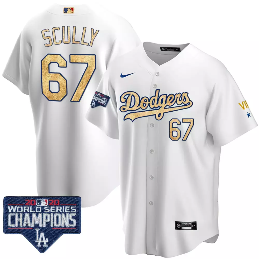 Vin Scully Cool Royal Men's Dodgers 2020 World Series Gold Jersey | Stitched Limited Edition | Fan Gear for Men, Women & Youth