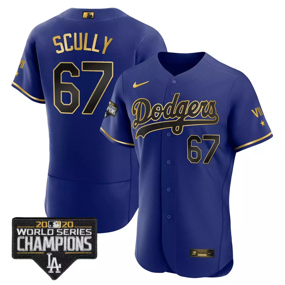 Vin Scully Flex Black Royal Men's Dodgers 2020 World Series Gold Jersey | Stitched Fan Gear | For Men, Women & Youth