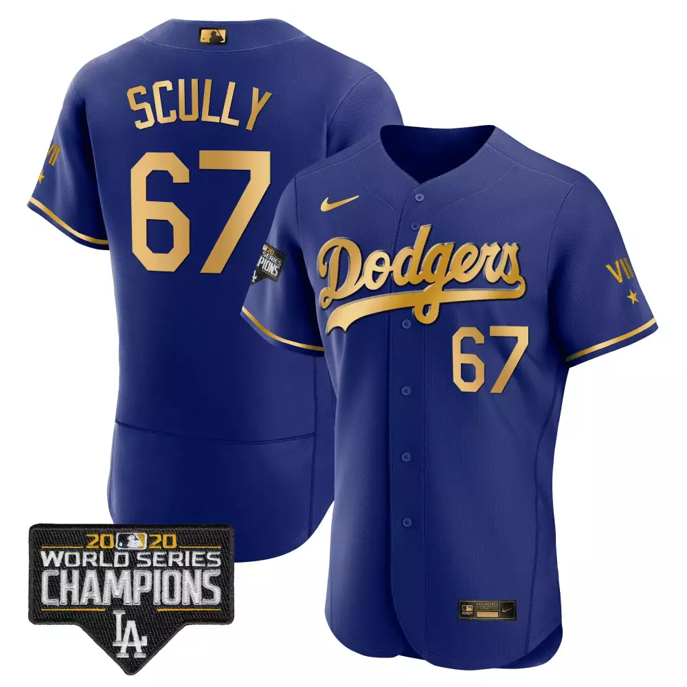 Vin Scully Flex Black Royal Men's Dodgers 2020 World Series Gold Jersey | Stitched Fan Gear | For Men, Women & Youth