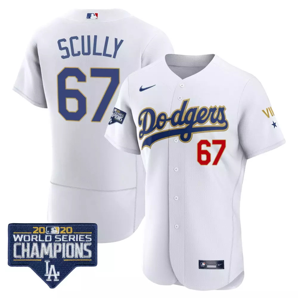 Vin Scully Dodgers World Series Patch White Gold Jersey | Stitched Limited Edition Fan Gear | For Men, Women & Youth