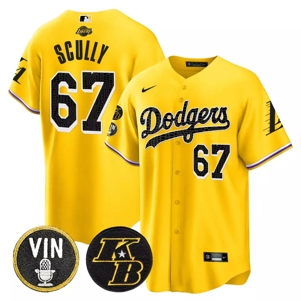 Vin Scully Dodgers Gold Bryant Vin Patch Cool Base Jersey | Stitched Fan Gear | Limited Edition for Men, Women & Youth