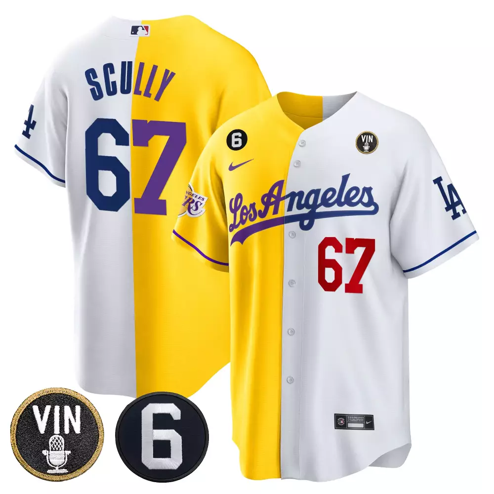 vin scully gold white mens split los angeles dodgers lakers cool base jersey all stitched