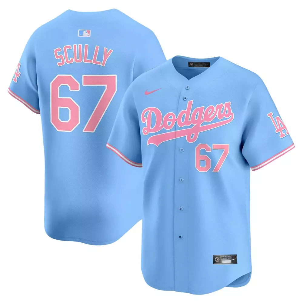 Vin Scully Light Blue Unisex Dodgers Bubblegum Pink Vapor Premier Jersey | Limited Edition All Stitched | For Men, Women & Youth