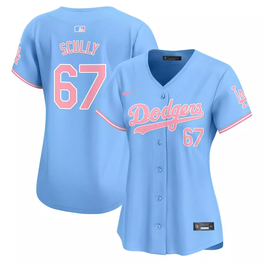 Vin Scully Light Blue Women's Dodgers Bubblegum Pink Vapor Premier Jersey | Limited Edition All Stitched | For Men, Women & Youth