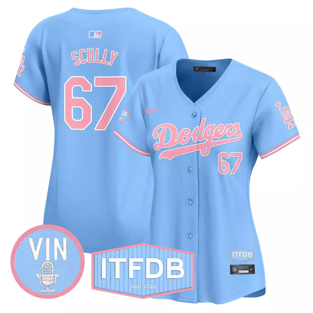 Vin Scully Light Blue Women's Dodgers Bubblegum Pink Vapor Premier Jersey | Limited Edition All Stitched | For Men, Women & Youth