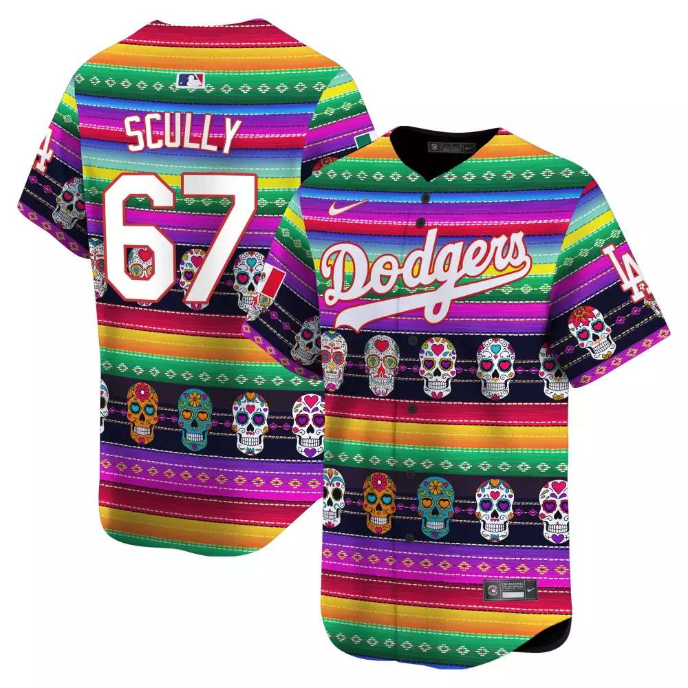 Vin Scully Dodgers Mexican Serape Sugar Skull Vapor Premier Jersey | Limited Edition Printed Fan Gear | For Men, Women & Youth