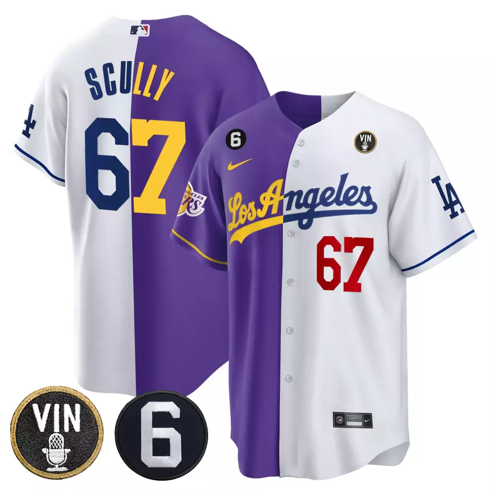 Vin Scully Purple White Men's Split Dodgers Lakers Cool Base Jersey | Limited Edition | For Men