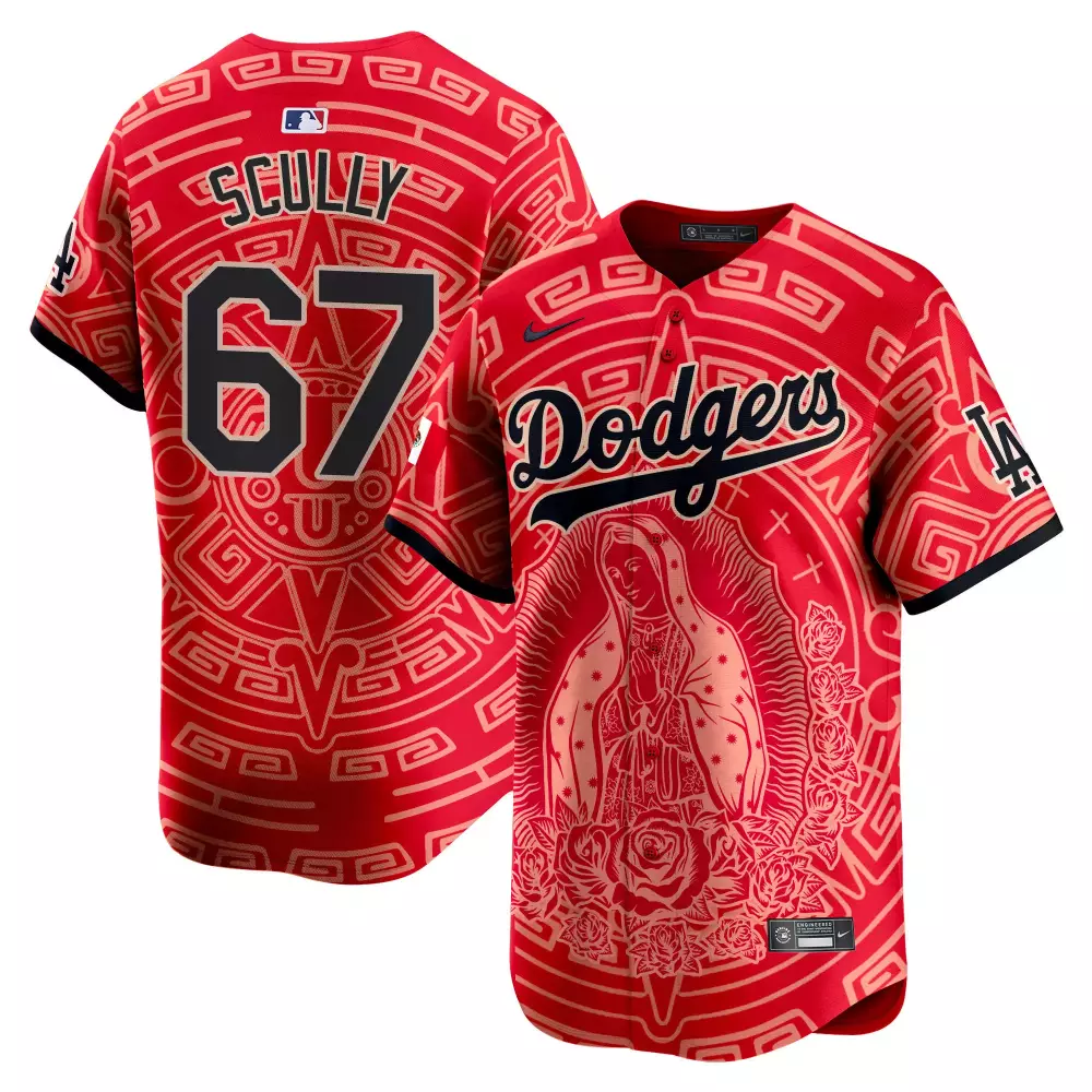 Vin Scully Dodgers Mexico Guadalupe Vapor Premier Limited Jersey V2 | Red Printed | Game Day Outfit for Men, Women & Youth
