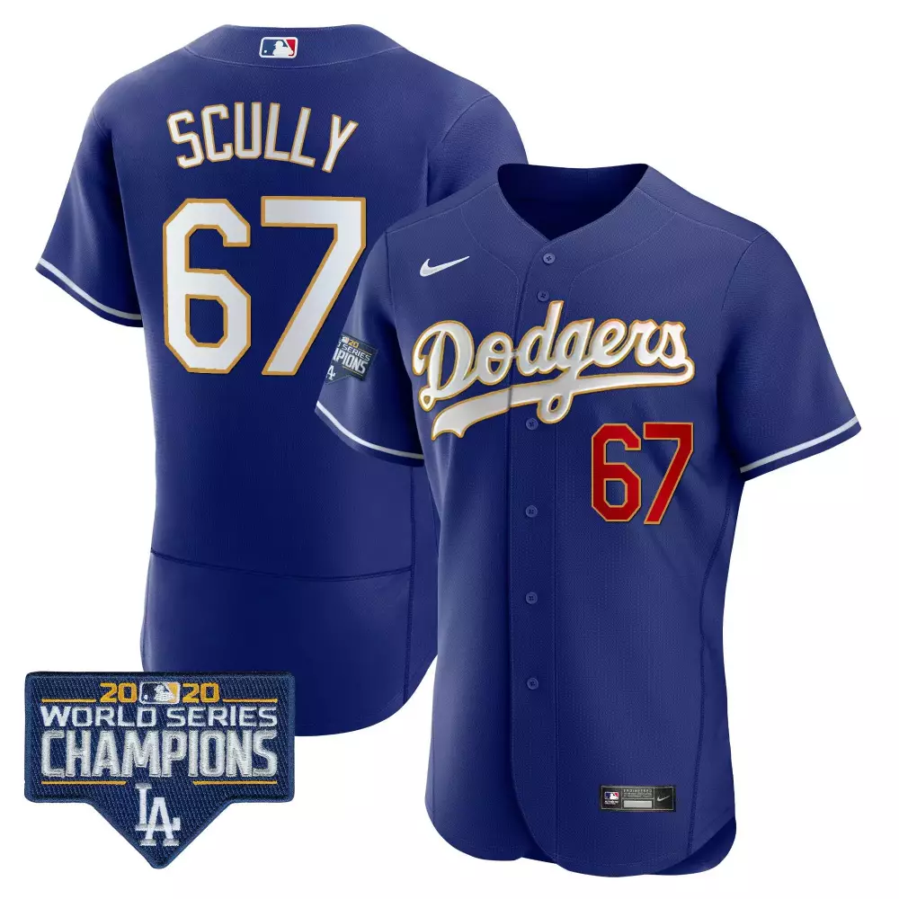 Vin Scully Dodgers Royal World Series Champions Patch Flex Base Gold Trim Jersey | Authentic Fan Gear for Men, Women & Youth
