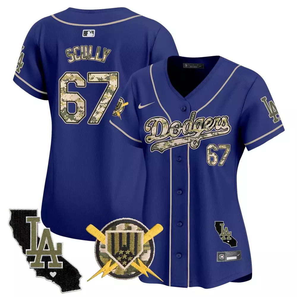 Vin Scully Women's Dodgers Armed Forces Day Jersey | Royal Vapor Premier Limited Edition | All Stitched Fan Gear | For Men, Women & Youth