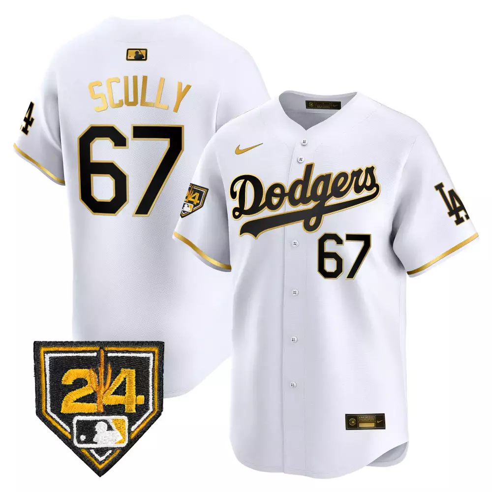 Vin Scully Dodgers 2024 Men's White Gold Jersey | Kobe Bryant Signature Patch | Vapor Premier Limited Edition | For Men, Women & Youth