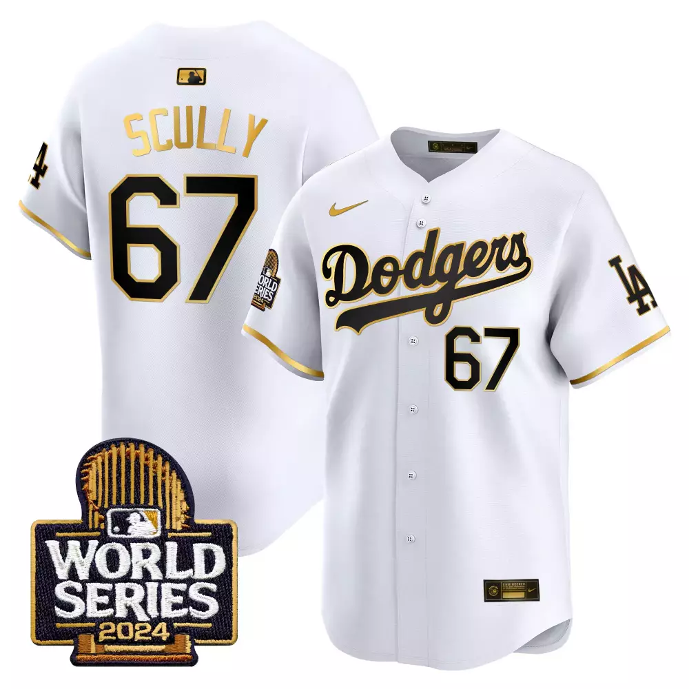 Vin Scully Dodgers 2024 Men's White Gold Jersey | Kobe Bryant Signature Patch | Vapor Premier Limited Edition | For Men, Women & Youth