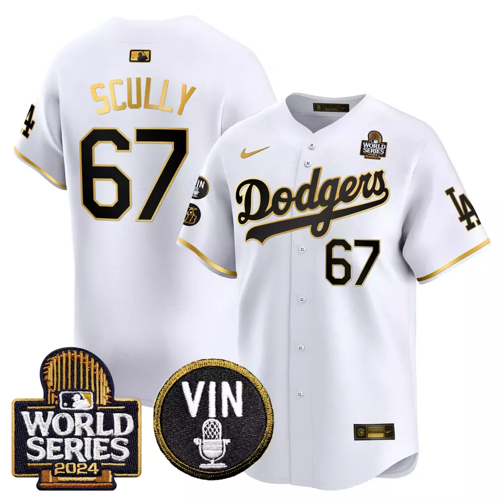 Vin Scully Dodgers 2024 Men's White Gold Jersey | World Series Gold Trim V2 | Vapor Premier Limited Edition | For Men, Women & Youth