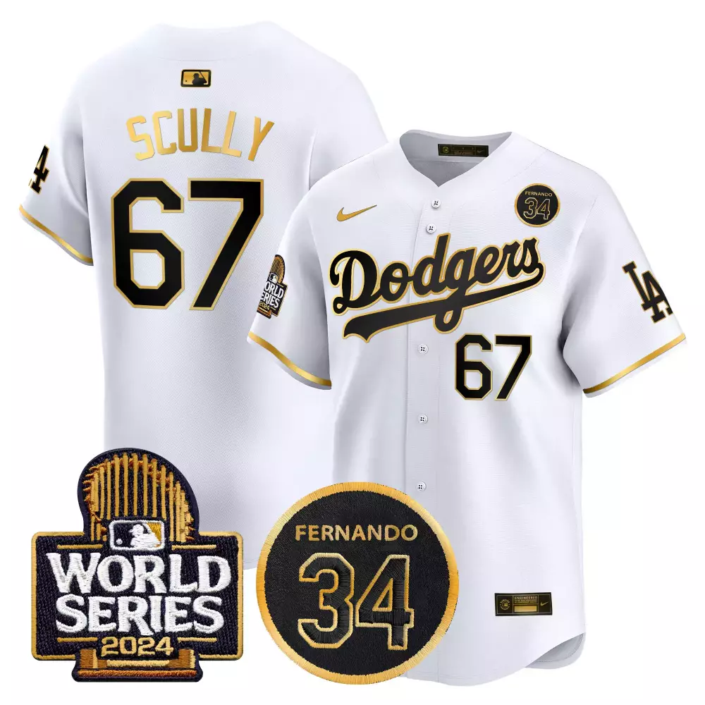 Vin Scully Dodgers 2024 Men's White Gold Jersey | Fernando Valenzuela Memorial Patch | Vapor Premier Limited Edition | For Men, Women & Youth