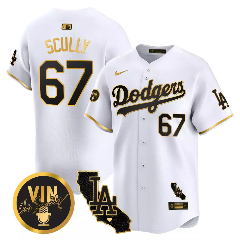 Vin Scully Dodgers 2024 Men's White Gold Jersey | Kobe Bryant Signature Patch | Vapor Premier Limited Edition | For Men, Women & Youth