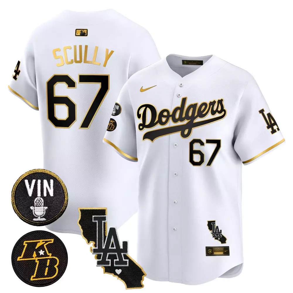 Vin Scully Dodgers 2024 Men's White Gold Jersey | Kobe Bryant Signature Patch | Vapor Premier Limited Edition | For Men, Women & Youth