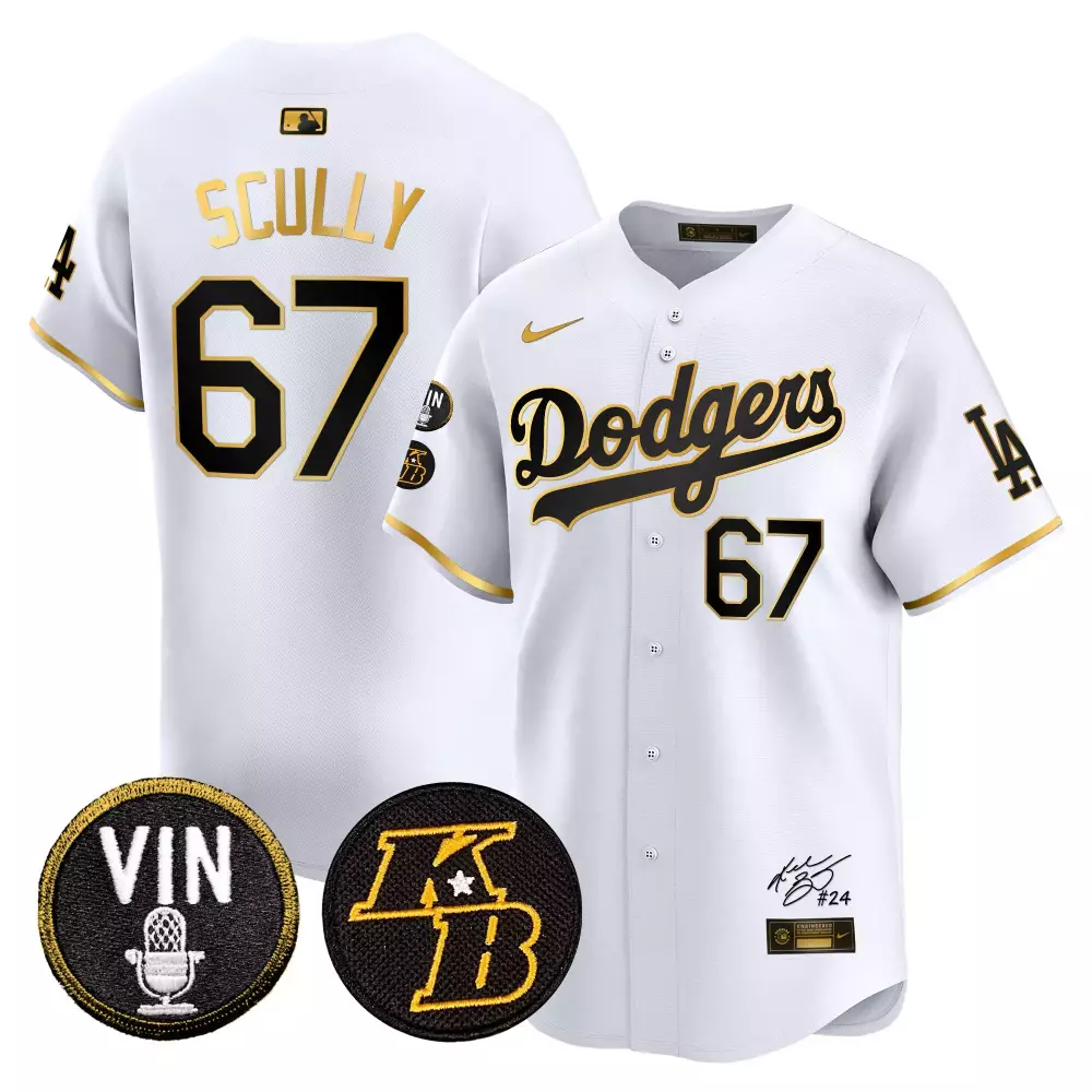 Vin Scully Dodgers 2024 Men's White Gold Jersey | Kobe Bryant Signature Patch | Vapor Premier Limited Edition | For Men, Women & Youth