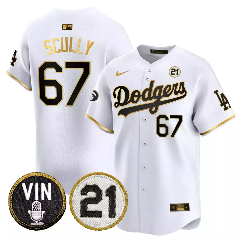 Vin Scully Dodgers 2024 Women's White Gold Jersey | Jackie Robinson Patch | Vapor Premier Limited Edition | For Women, Men & Youth