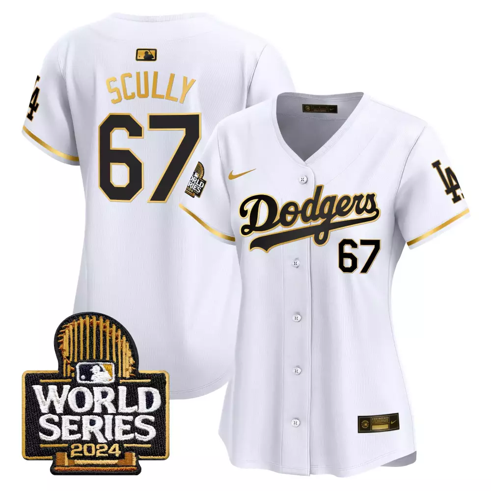 Vin Scully White Gold Women's Dodgers 2024 Kobe Patch Jersey | Stitched Vapor Premier Limited Edition | Fan Gear for Men, Women & Youth