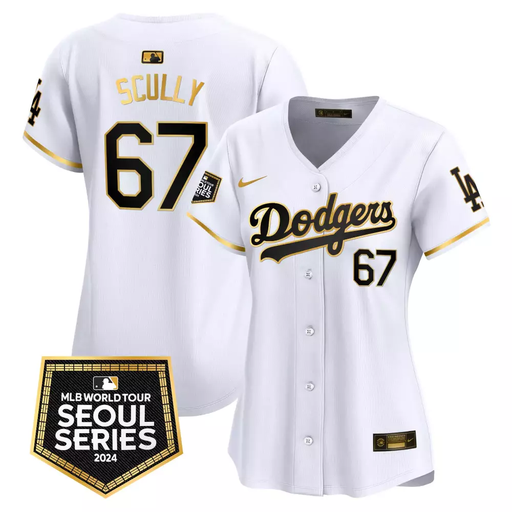 Vin Scully White Gold Women's Dodgers 2024 Kobe Patch Jersey | Stitched Vapor Premier Limited Edition | Fan Gear for Men, Women & Youth