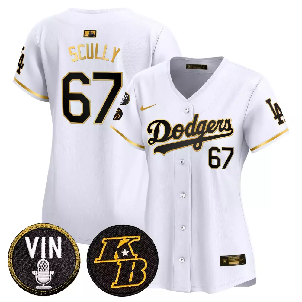 Vin Scully White Gold Women's Dodgers 2024 Kobe Patch Jersey | Stitched Vapor Premier Limited Edition | Fan Gear for Men, Women & Youth