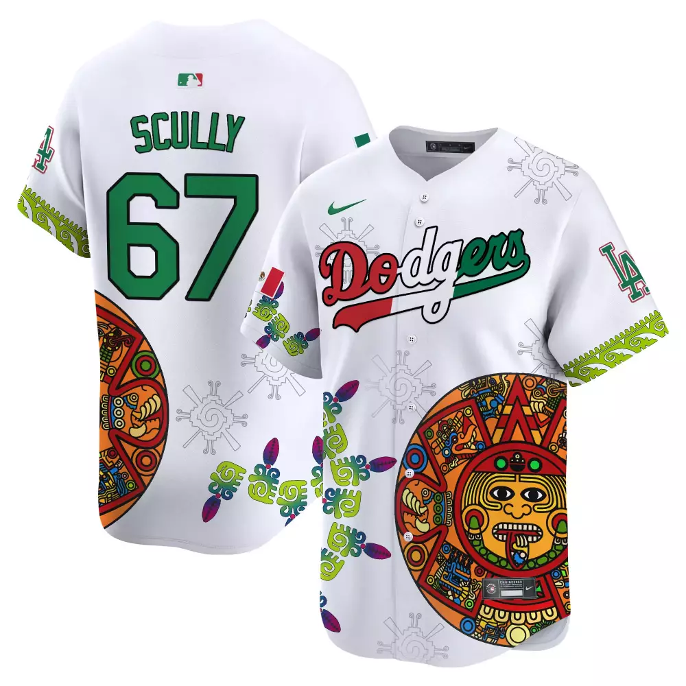 Vin Scully Dodgers Mexico Aztec Calendar Jersey | White Stitched Vapor Premier Limited Edition | Fan Gear for Men, Women & Youth