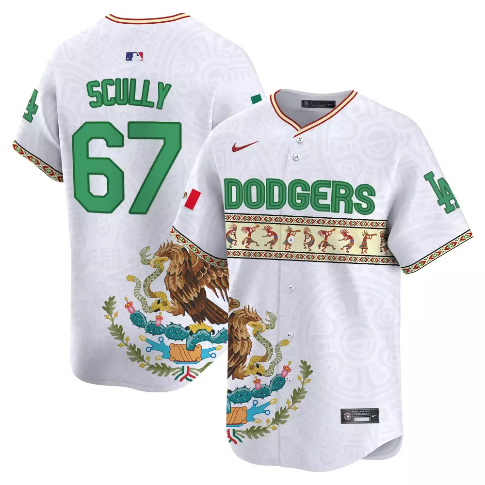 Vin Scully Dodgers Mexico Aztec Calendar Jersey | White Stitched Vapor Premier Limited Edition | Fan Gear for Men, Women & Youth