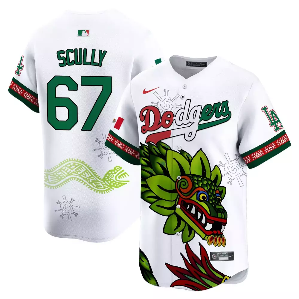 Vin Scully Dodgers Mexico Quetzalcoatl Aztec Vapor Limited Jersey | White Stitched Fan Gear | For Men, Women & Youth
