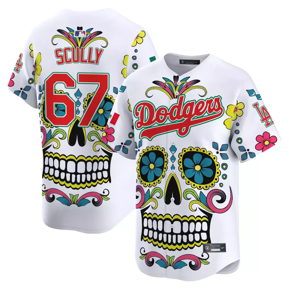 Vin Scully Dodgers Mexico Sugar Skull Vapor Premier Limited Jersey | White Stitched Fan Gear | For Men, Women & Youth