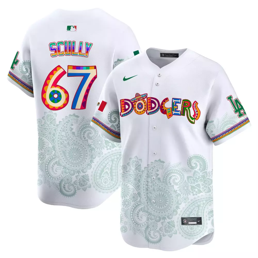 Vin Scully Dodgers Paisley Mexico Vapor Premier Limited Jersey | White Stitched Fan Gear | For Men, Women & Youth