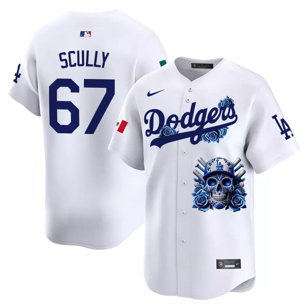Vin Scully Dodgers Skull Vapor Premier Limited Jersey V2 | White Stitched Fan Gear | For Men, Women & Youth