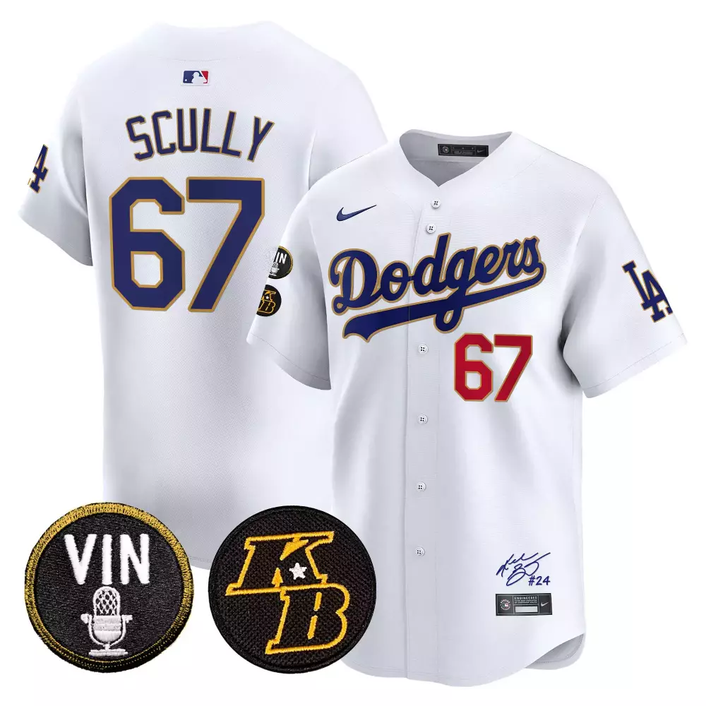 Vin Scully Dodgers Vin Patch Kobe Bryant Signature Vapor Premier Limited Jersey | White All Stitched Fan Gear | For Men, Women & Youth