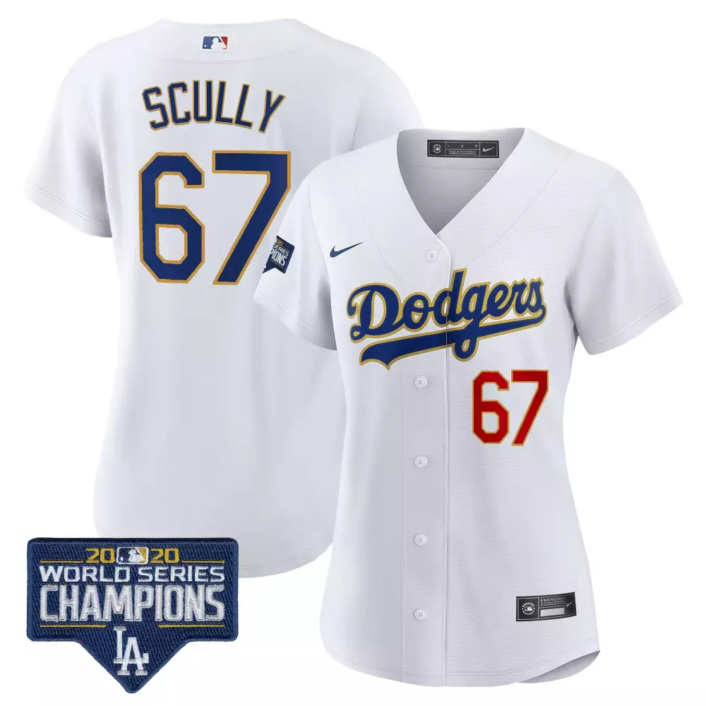 Vin Scully Dodgers World Series Champions Patch Gold Trim Jersey | Limited Edition Stitched Fan Gear | For Women