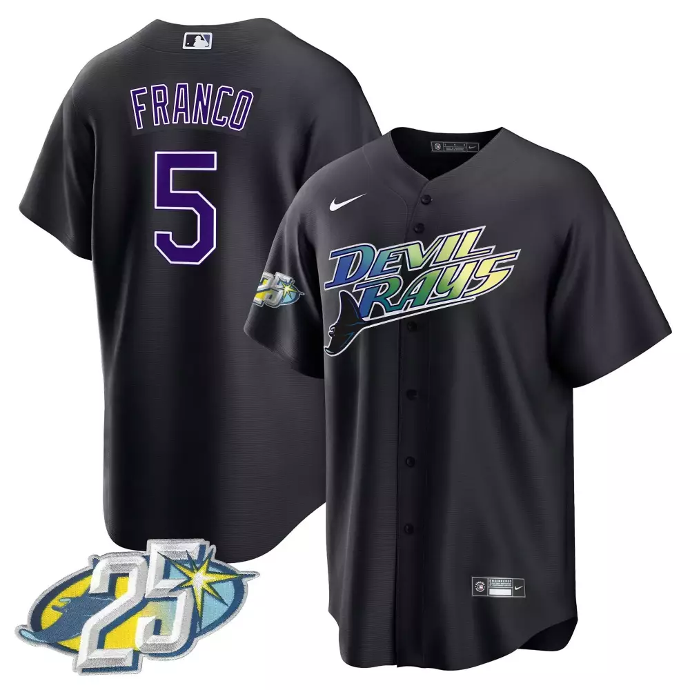 wander franco black mens tampa bay rays 25th anniversary patch cool base jersey all stitched