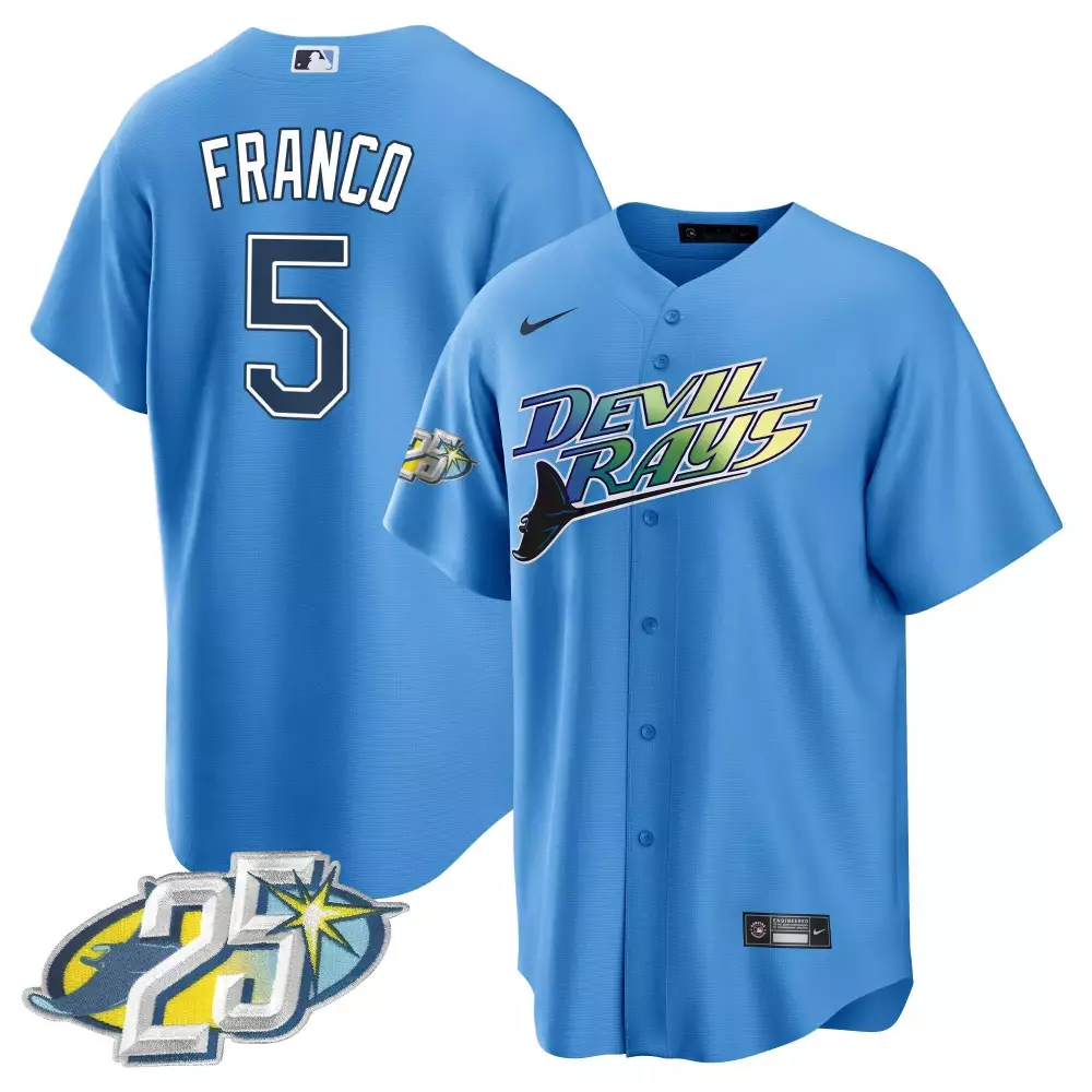 wander franco light blue mens tampa bay rays 25th anniversary patch cool base jersey all stitched