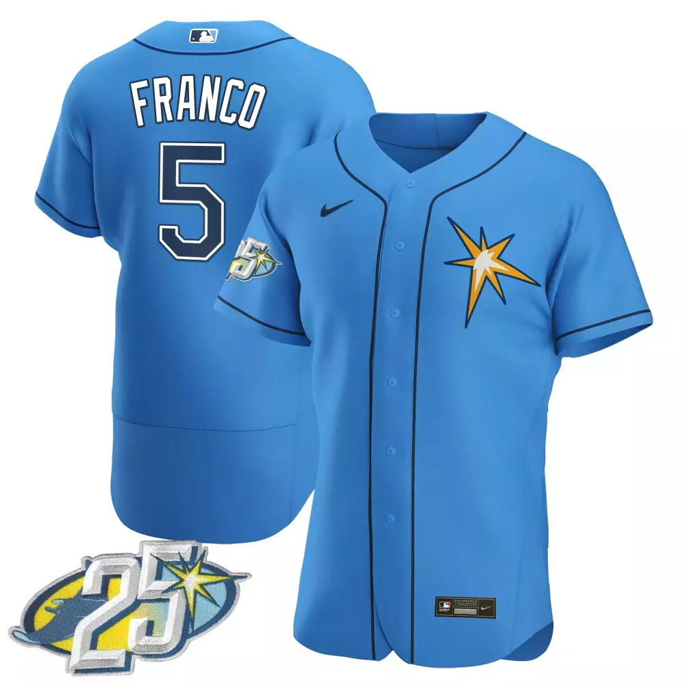 wander franco light blue mens tampa bay rays 25th anniversary patch cool base jersey all stitched