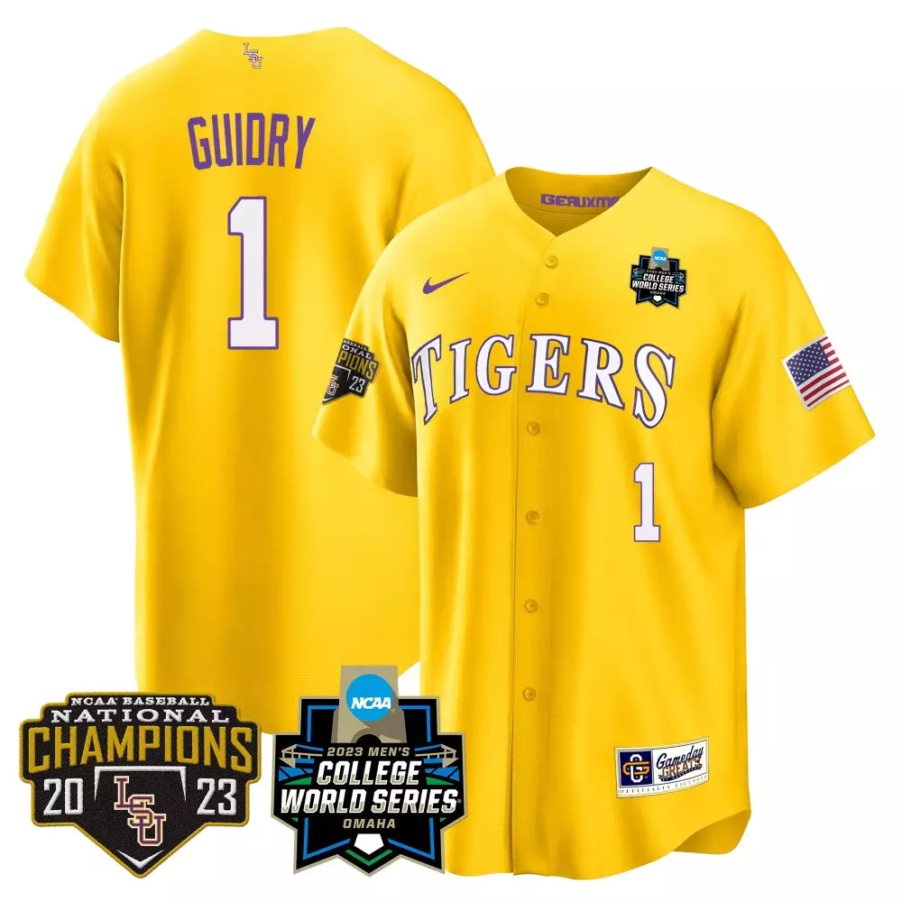 weylin guidry gold mens lsu tigers 2023 national champions gold cool jersey v2 all stitched
