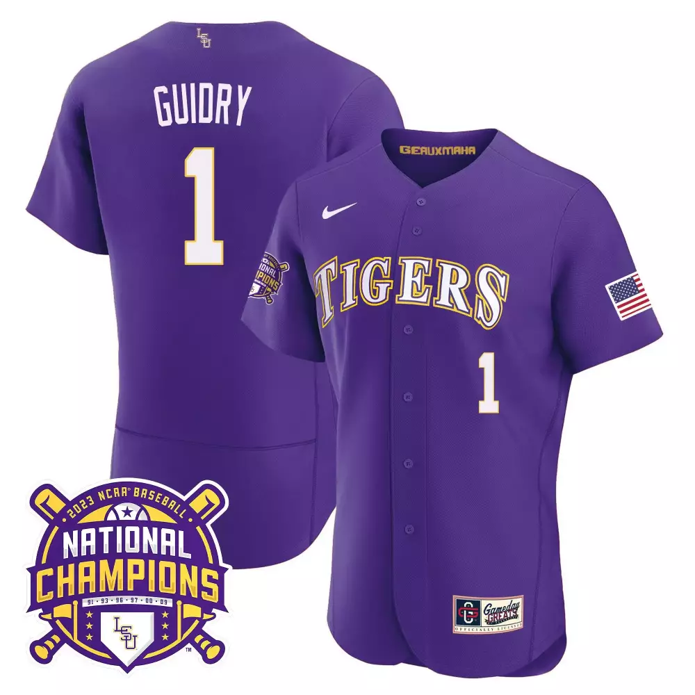 weylin guidry purple mens lsu tigers 2023 national champions gold flex jersey all stitched